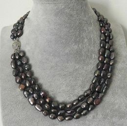 Chains 3Rows 7-8MM Natural Black Baroque Freshwater Pearl String Necklace 17-19''