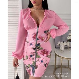 Casual Dresses Elegant Sexy Evening Party Dress Deep V-neck Autumn Winter Sheath Slim Vintage Floral Print Mini Lady