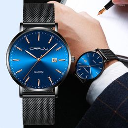 Wristwatches Mens Watch CRRJU Top Blue Waterproof Watches Ultra Thin Date Simple Casual Quartz Sport Men Erkek Kol Saati