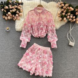 Women's Two Piece Pants Aliunique Women Summer Long Sleeve Shirt Wide Leg Shorts Floral Two-Piece Set Designer Fashion Loose Printed Chiffon