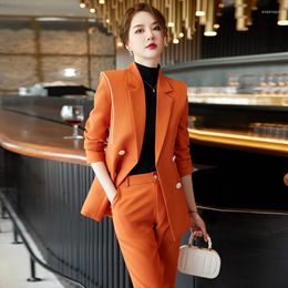 Women's Two Piece Pants 2023 Autumn Winter Formal Ladies OrangeBlazer Women Business Suits With Sets Work Wear Office Uniform 5XL Size