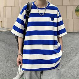 Men's T Shirts Ins Striped Short-sleeved T-shirt Men Summer Loose Trend Round Neck Five-point Sleeve Bf Harajuku Style Half-sleeve Top