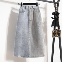 Skirts Women Denim Summer High Waist Colour Block Split A-line Midi Skirt Streetwear Casual Jeans Female Fashion All-match