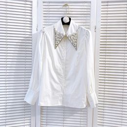 Women's Polos Autumn Heavy Industry Pearl Bead Pointed Collar Long Sleeve White Shirt Elegant Ladies Blouse Fashion Blusas Top