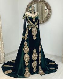 Kaftan Moroccan Evening Dress With Crystal Elegant Emerald Green Mermaid Prom Dresses With Detachable Train Long Sleeve Abaya Formal Occasion Party Gowns 2023