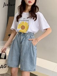 Women's Shorts Jielur Woman Wide Legs High Waist Blue Knee-Lenght Denim Shorts Casual Female Loose Fit Jeans Vintage Ladies Bermuda Shorts 230306