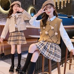 Clothing Sets Japanese Kawaii Plaid Student Uniform Bear sweater Vest Shirts Skirts 3pcs Suit With Tie Korean Fashion Jk Knit Set Formal Coats 230307