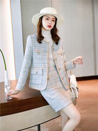 Two Piece Dres Vintage Skirt Suits High Quality French Small Fragrance Tweed Jacket Coat Casual Fried Street Short Plaid Outwear 230306