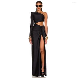 Casual Dresses Femal Sexy Bodycon Dress Autumn Black One-shoulder Long Sleeve Waist Cut Out High Split Maxi