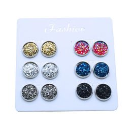 Stud Earrings Pairs/Set 12mm Round Druzy Set Bling Sparkly Resin Stainless Steel Ear Studs Charm Femme JewelryStud