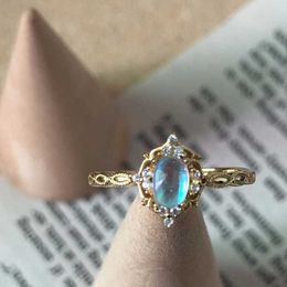 Band Rings 925 Sterling Silver Moonstone Vintage Princess Lace Rings For Women Gold Female Gemstone Finger Ring Adjustable Fine Jewellery AA230306