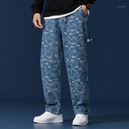 Men's Jeans Japanese Streetwear Clothing Blue Plaid Pants Printed Baggy Trend Ins Pendant Wide-leg