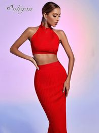 Two Piece Dress Ailigou Bandage Set Women Sexy Skinny Skirt Summer Bodysuit and Top for Club Party Outfit 230307