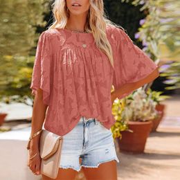 Women's Blouses Women Loose Lace 2023 Spring Casual Round Neck Short Flare Seelves Solid Color Tops Female OL Yellow Black