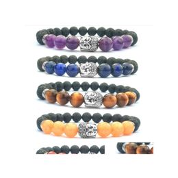 Beaded Strands 8Mm Natural Jewellery Elastic Bracelet Beaded Pray Volcanic Stone Meditation Buddha Head Men And Women Essential Oil A Dhkug