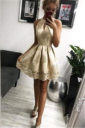 Champagner Gold Short Homecoming Kleider Eine Linie Halfterhalter Applikationen Spitzen Kurzpartykleid Frauen Cocktail Abschlusskleider BC15374