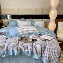 Bedding Sets 2023 Four-piece Fashion Cotton Double Household Bed Sheet Quilt Cover Splicing Design Stripe Matching Blue White