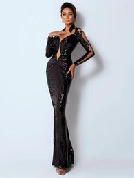 Casual Dresses Top Quality Women Winter Sexy Long Sleeve Mesh Sequins Black Maxi Bodycon Dress 2023 Elegant Party Evening Wedding