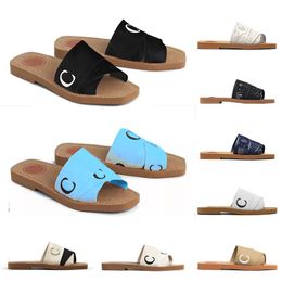 2023 luxury Woody sandals for womens Mules flat slides size 35-42 Light tan beige white black pink blue lace Lettering canvas women summer outdoor slippers shoes