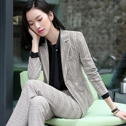 Women's Suits & Blazers Fmasuth Women Trousers Suit For Office Lady Plaid Long Sleeve Jacket 2 Pcs Set Pant SY-T6876-1