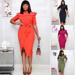 Ethnic Clothing Elegant Summer African Dress For Women Short Sleeve Bandage Plus Size Clothes Office Lady Work Wear Dashiki Midi Dresses