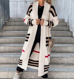 Autumn Winter Womens Sweaters Sticked Cardigan Women Striped Patchwork 2023 Elegant Loose Long Outerwear Sweater Coat Soft Jacket