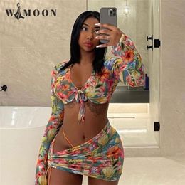 Two Piece Dress Floral Printed Mesh Sheer Sexy 3 Sets 2023 Summer Vacation Outfits Rave Party Beach Club Wear Top and Skirts Matching Set 230306