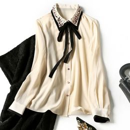 2023 Spring Long Sleeve Lapel Neck Black / Khaki Contrast Colour Natural Real Silk Ribbon Tie Bow Beaded Soie Blouse Elegant Shirt WD282920