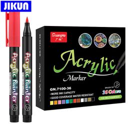 Markers JIKUN 36 Colors Acrylic Brush Pens For Fabric Rock Painting Pen Ceramic Glass Canvas DIY Card Making Art Supplies 230306