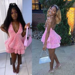 Party Dresses Glitter Short Prom Dresses for Black Girls Halter Backless Mini Sequined Tiered Homecoming Party Gowns Cocktail Birthday Dress 230307