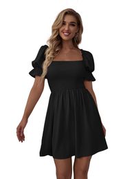 Summer Women Casual Beach Dresses Square Neck Flounce Short Sleeve Shirred Ruffle Hem A Line Mini Dress