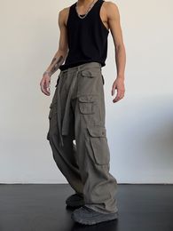 Mens Pants High street retro casual large pocket overalls mens and womens summer high waist loose straight tube draped wide leg pants 230307