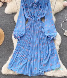 Fashion-Casual Dresses SINGREINY Floral Print Women Sweet Dress Bow Tie Ruff Sleeve Slim Autumn Grentle Elastic Waist Pleated Midi Long