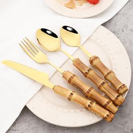 Dinnerware Sets 24Pcs Gold Stainless Steel Set Bamboo Handle Cutlery Steak Knife Forks Spoon Flatware Kitchen Tableware With Rack