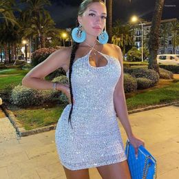 Casual Dresses BKLD Wrap Dress 2023 Autumn Sexy Club Outfits Spaghetti Strap Halter Hollow Out Backless White Sequin Women Clothing