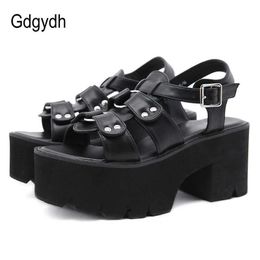 Sandals Gdgydh Vintage s Gothic Sandals Chunky Heel Black Leather PU Ladies Comfort Footwear Summer Open Toe Roman Style Wholesale Z0306