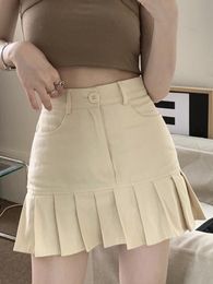 Skirts HOUZHOU Korean Cute Pleated Mini Skirt Women Sexy Patchwork High Waist Solid Casual A-line Denim Skirt Summer Kpop Streetwear 230308