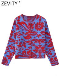 Women's Knits Tees Zevity Women Vintage O Neck Flower Jacquard Knitting Sweater Female Chic Long Sleeve Double Pockets Cardigan Coats Tops CT3000 230308