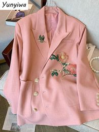 Women's Suits Pink Vintage Blazer Women Clothing Embroidery Floral Classic Spring Autumn Casual Coat Notched Collar Korean Chic