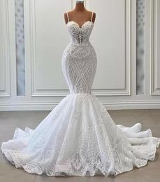 Sexy Pearls Mermaid Wedding Dresses 2023 Lace Appliques Spaghetti Straps sweetheart princess beach Bridal Gown