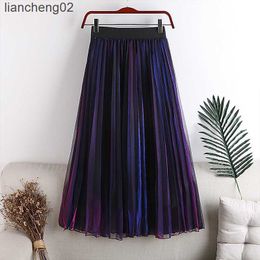 Skirts 2023 New Summer Skirts Woman Mid-Calf Mixed Color Gradient Mesh Skirt A-Line Elegant Female Glitter Tulle Skirt Faldas Saias W0308