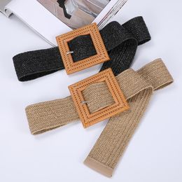 Belts Elastic Braided Waist Belt For Women Summer Woven Female Square Wooded Buckle Pp Straw Wide Vintage Dresses Waistband 394Belts