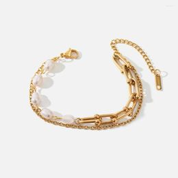 Charm Bracelets Natural Freshwater Pearl Simple Light Luxury Stainless Steel Ladies Bracelet 18K Gold Plated Waterproof And Anti-Fading