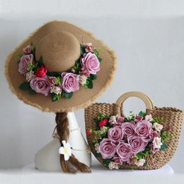 Evening Bags Original Low-key Retro Light Purple Rose Flower Straw Hat Travel Po Pography Sun Protection Cap