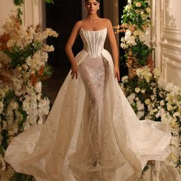 Luxury Mermaid Wedding Dresses Long Sleeveless Lace Bateau Beaded Pearls Sequins Appliques Detachable Train Hollow Bridal Gowns Plus Size Vestido de novia Custom