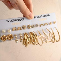 Hoop Earrings 1Set Gold Metal Circle Pearl Drop For Women Fashion Geometric Stud Big Dangle 2023 Trend Jewellery Gift