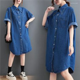 Party Dresses Large Size Women's Clothing 2023 Summer Loose Korean Denim Dress Mid-Length Single Breasted Casual Jeans Shirt H506