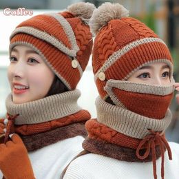 Beanies Beanie/Skull Caps 4PCS Women Beanie Hat Pom Scarf Mask Knitted Touch Screen Gloves Set Winter Warm Female Cap Girl Patchwork Thick