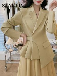 Two Piece Dress Sungtin Sets Elegant Women Blazer Set Fashion Lace Up Pleated Guaze Skirt Suits Female 2023 Office Lady Casual Clothes 230307