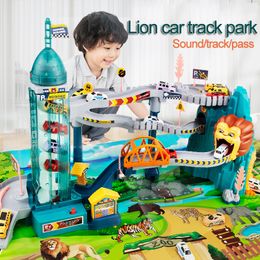 Electric RC Track Animal Lion Electric Rail Car Dinosaur Curved Road Puzzle Toys Adventure Winding Drive for Children 230307